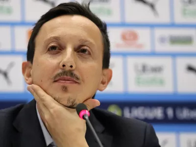 Pablo Longoria, who has been hired as the new president of Olympique de Marseille soccer club attends a press conference at the Velodrome stadium, in Marseille, southern France, Tuesday, March 9, 2021. Jacques-Henri Eyraud has been replaced as Marseille president by Pablo Longoria and Jorge Sampaoli has been hired as the new coach amid sweeping changes. (AP Photo/Daniel Cole)