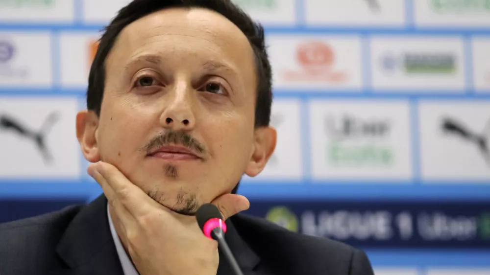 Pablo Longoria, who has been hired as the new president of Olympique de Marseille soccer club attends a press conference at the Velodrome stadium, in Marseille, southern France, Tuesday, March 9, 2021. Jacques-Henri Eyraud has been replaced as Marseille president by Pablo Longoria and Jorge Sampaoli has been hired as the new coach amid sweeping changes. (AP Photo/Daniel Cole)