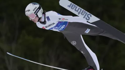 Nika Prevc of Slovenia competes at the Women Normal Hill HS102 Individual Ski Jumping event at the Nordic World Ski Championships, in Trondheim, Norway, Friday, Feb. 28, 2025. (AP Photo/Matthias Schrader)