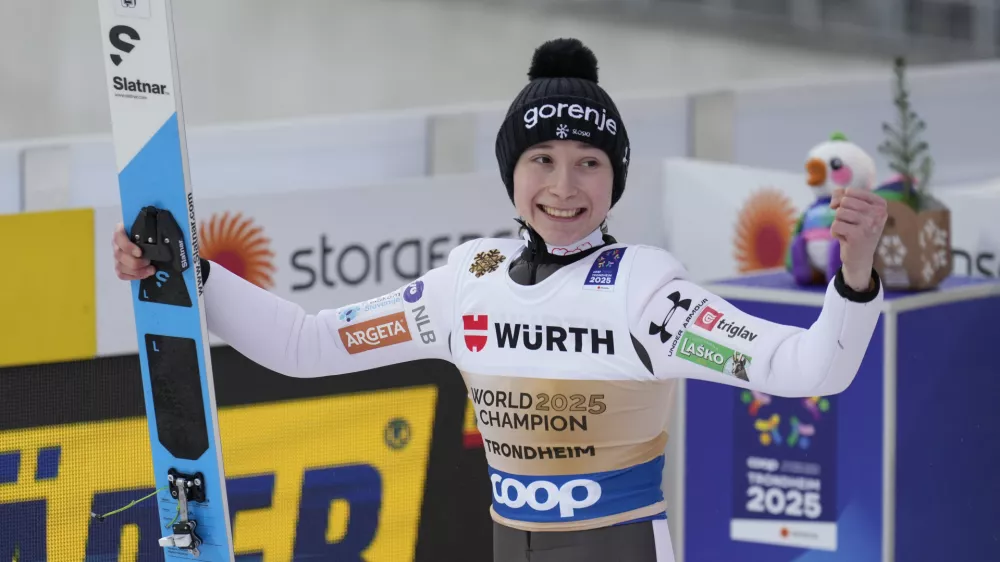 Nika Prevc of Slovenia reacts at the finish area during the Women Normal Hill HS102 Individual Ski Jumping event at the Nordic World Ski Championships, in Trondheim, Norway, Friday, Feb. 28, 2025. (AP Photo/Matthias Schrader)