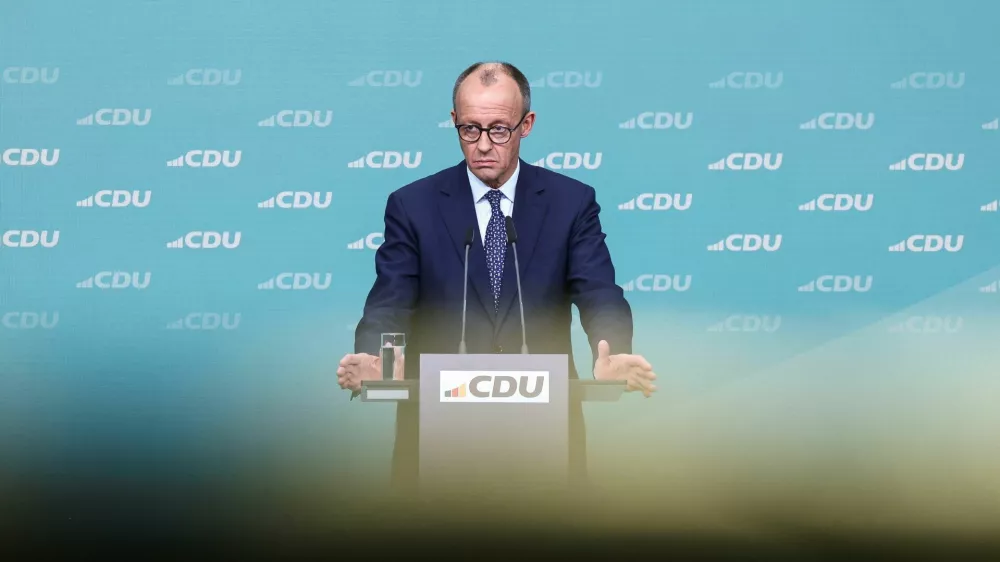 German conservative candidate for chancellor and Christian Democratic Union (CDU) party leader Friedrich Merz attends a press conference following the German general election in Berlin, Germany, February 24, 2025. REUTERS/Liesa Johannssen