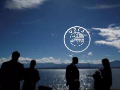 ﻿FILE PHOTO: Soccer Football - Champions League Semi-Final Draw - Nyon, Switzerland - April 13, 2018  General view of the UEFA logo before the draw  REUTERS/Stefan Wermuth/File Photo