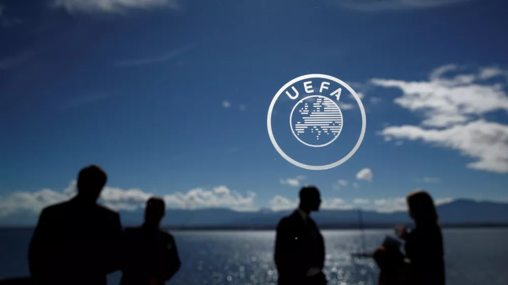 ﻿FILE PHOTO: Soccer Football - Champions League Semi-Final Draw - Nyon, Switzerland - April 13, 2018  General view of the UEFA logo before the draw  REUTERS/Stefan Wermuth/File Photo