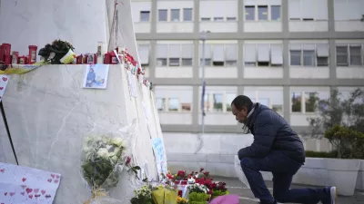 A man prays at the Agostino Gemelli Polyclinic, in Rome, Friday, Feb. 28, 2025 where Pope Francis is hospitalized since Friday, Feb. 14.(AP Photo/Alessandra Tarantino)