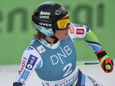 Slovenia's Ilka Stuhec checks her time at the finish area of an alpine ski, women's World Cup downhill, in Kvitfjell, Norway, Saturday, March 1, 2025. (AP Photo/Marco Trovati)