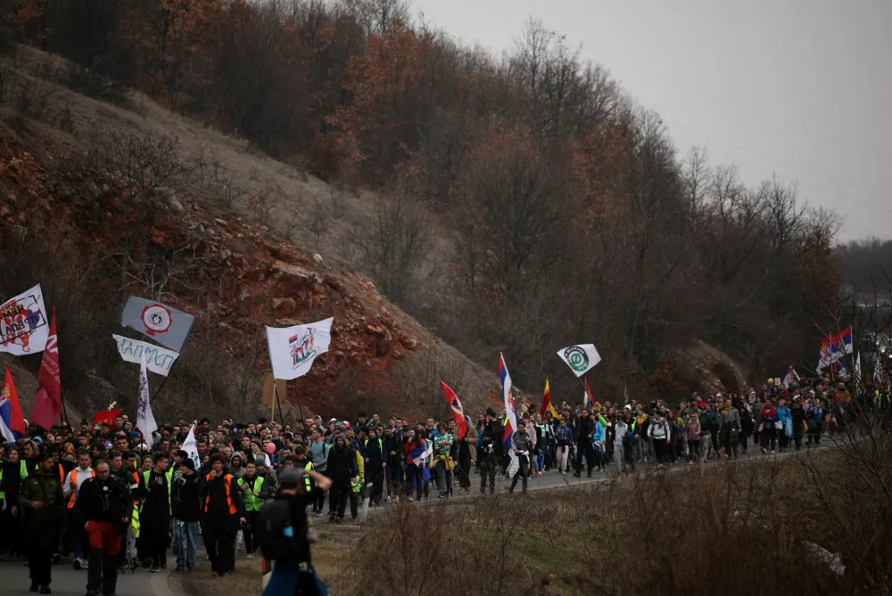 Serbian students march on their way towards the city of Nis during their protest over the fatal November 2024 Novi Sad railway station roof collapse, near the village of Vrelo, Serbia February 28, 2025. REUTERS/Stoyan Nenov