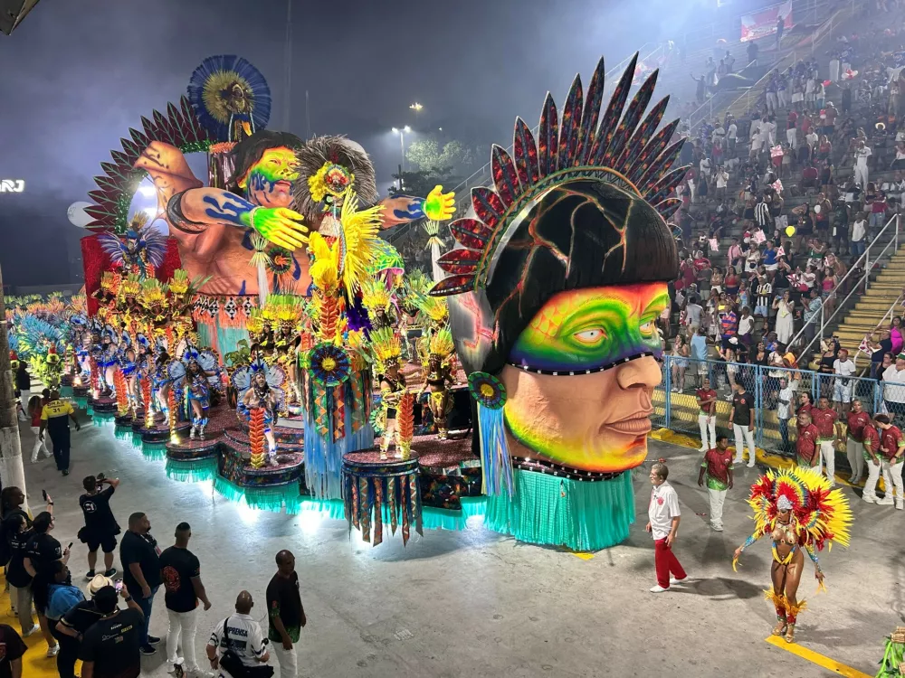 01 March 2025, Brazil, Rio De Janeiro: The "Estacio de Sa" samba school parades through the Sambodrome during the Carnival in Rio de Janeiro. In Rio de Janeiro, the world-famous parades in the Sambodrome have begun with the samba schools of the promotion class. Photo: Phillipp Znidar/dpa