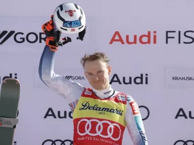 Alpine Skiing - FIS Alpine Ski World Cup - Men's Slalom - Kranjska Gora, Slovenia - March 2, 2025 Norway's Henrik Kristoffersen celebrates on the podium after winning the Men's Slalom REUTERS/Borut Zivulovic