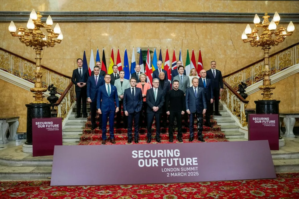 Britain's Prime Minister Keir Starmer, President Volodymyr Zelenskiy, Germany's Chancellor Olaf Scholz, Norway's Prime Minister Jonas Gahr Store, European Commission President Ursula von der Leyen, European Council President Antonio Costa, France's President Emmanuel Macron, Canada's Prime Minister Justin Trudeau, Czech Republic's Prime Minister Petr Fiala, Dutch Prime Minister Dick Schoof, Romania's Interim President Ilie Bolojan, Turkey's Minister of Foreign Affairs Hakan Fidan, Denmark's Prime Minister Mette Frederiksen, Sweden's Prime Minister Ulf Kristersson, Finland's President Alexander Stubb, Italy's Prime Minister Giorgia Meloni, Spain's Prime Minister Pedro Sanchez, Poland's Prime Minister Donald Tusk and NATO Secretary General Mark Rutte attend the European leaders' summit to discuss European security and Ukraine, at Lancaster House in London, Britain, March 2, 2025. NTB/Javad Parsa/via REUTERS  ATTENTION EDITORS - THIS IMAGE WAS PROVIDED BY A THIRD PARTY. NORWAY OUT. NO COMMERCIAL OR EDITORIAL SALES IN NORWAY.