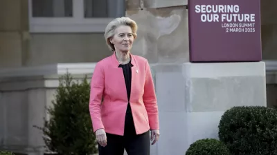 European Commission President Ursula von der Leyen departs from a summit on Ukraine at Lancaster House in London, Sunday, March 2, 2025. (AP Photo/Christophe Ena, Pool)