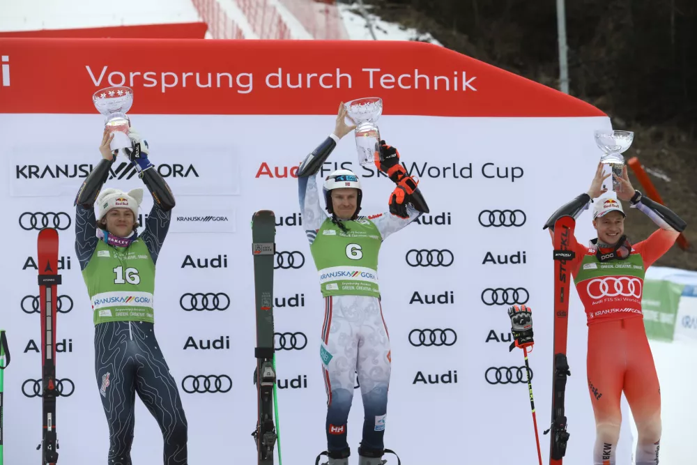 Lucas Pinheiro Braathen, Henrik Kristoffersen, Marco Odermatt01.03.2025 - Audi FIS svetovni pokal v alpskem smučanju Kranjska GoraFoto: Luka Cjuha