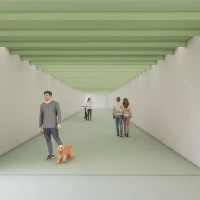 Kolesarji naj bi v načrtovanem podhodu, ki bo povezoval Goriško ulico in atletski center, kolo potiskali ob sebi. Vir: Elea iC