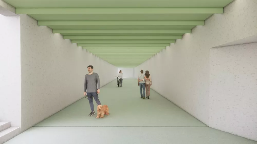 Kolesarji naj bi v načrtovanem podhodu, ki bo povezoval Goriško ulico in atletski center, kolo potiskali ob sebi. Vir: Elea iC