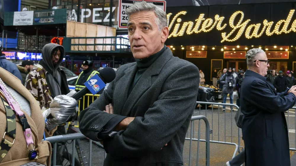 FILE - George Clooney participates in the "Good Night, and Good Luck" Broadway cast announcement at the Winter Garden Theatre on Feb. 6, 2025, in New York. (Photo by Christopher Smith/Invision/AP, File)