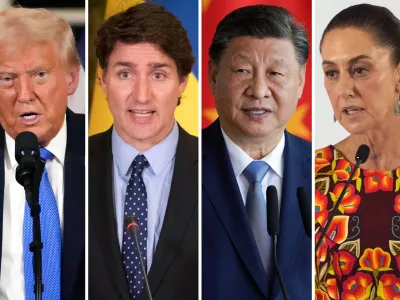 This combination of file photos shows, from left, U.S. President Donald Trump in Palm Beach, Fla., Feb. 7, 2025, Canadian Prime Minister Justin Trudeau in Kyiv, Ukraine, June 10, 2023, China's President Xi Jinping in Brasilia, Brazil, Nov. 20, 2024, and Mexico's President in Mexico City, June 27, 2024. Claudia Sheinbaum (AP Photo)