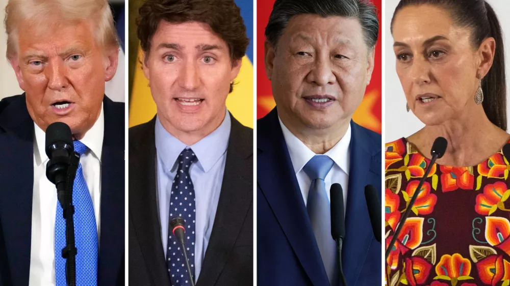 This combination of file photos shows, from left, U.S. President Donald Trump in Palm Beach, Fla., Feb. 7, 2025, Canadian Prime Minister Justin Trudeau in Kyiv, Ukraine, June 10, 2023, China's President Xi Jinping in Brasilia, Brazil, Nov. 20, 2024, and Mexico's President in Mexico City, June 27, 2024. Claudia Sheinbaum (AP Photo)