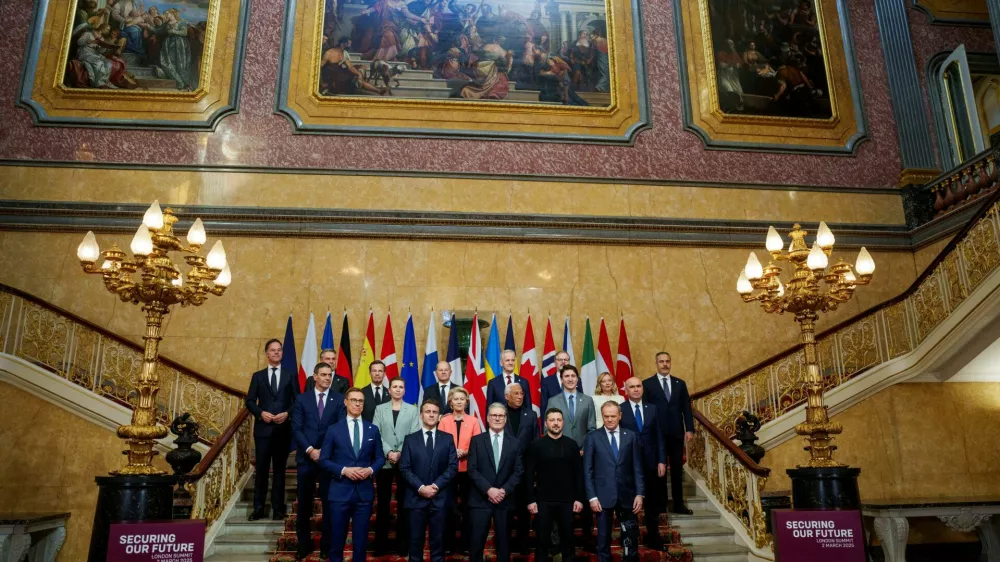 Britain's Prime Minister Keir Starmer, President Volodymyr Zelenskiy, Germany's Chancellor Olaf Scholz, Norway's Prime Minister Jonas Gahr Store, European Commission President Ursula von der Leyen, European Council President Antonio Costa, France's President Emmanuel Macron, Canada's Prime Minister Justin Trudeau, Czech Republic's Prime Minister Petr Fiala, Dutch Prime Minister Dick Schoof, Romania's Interim President Ilie Bolojan, Turkey's Minister of Foreign Affairs Hakan Fidan, Denmark's Prime Minister Mette Frederiksen, Sweden's Prime Minister Ulf Kristersson, Finland's President Alexander Stubb, Italy's Prime Minister Giorgia Meloni, Spain's Prime Minister Pedro Sanchez, Poland's Prime Minister Donald Tusk and NATO Secretary General Mark Rutte attend the European leaders' summit to discuss European security and Ukraine, at Lancaster House in London, Britain, March 2, 2025. NTB/Javad Parsa/via REUTERS  ATTENTION EDITORS - THIS IMAGE WAS PROVIDED BY A THIRD PARTY. NORWAY OUT. NO COMMERCIAL OR EDITORIAL SALES IN NORWAY.