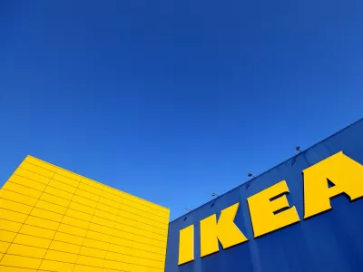 The IKEA logo is seen outside an IKEA furniture store in Brussels, Belgium June 13, 2023. REUTERS/Yves Herman