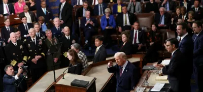 U.S. President Donald Trump, Vice President JD Vance and Speaker of the House Mike Johnson attend a joint session of Congress, in the House Chamber of the U.S. Capitol in Washington, D.C., U.S., March 4, 2025. REUTERS/Evelyn Hockstein. REFILE - QUALITY REPEAT