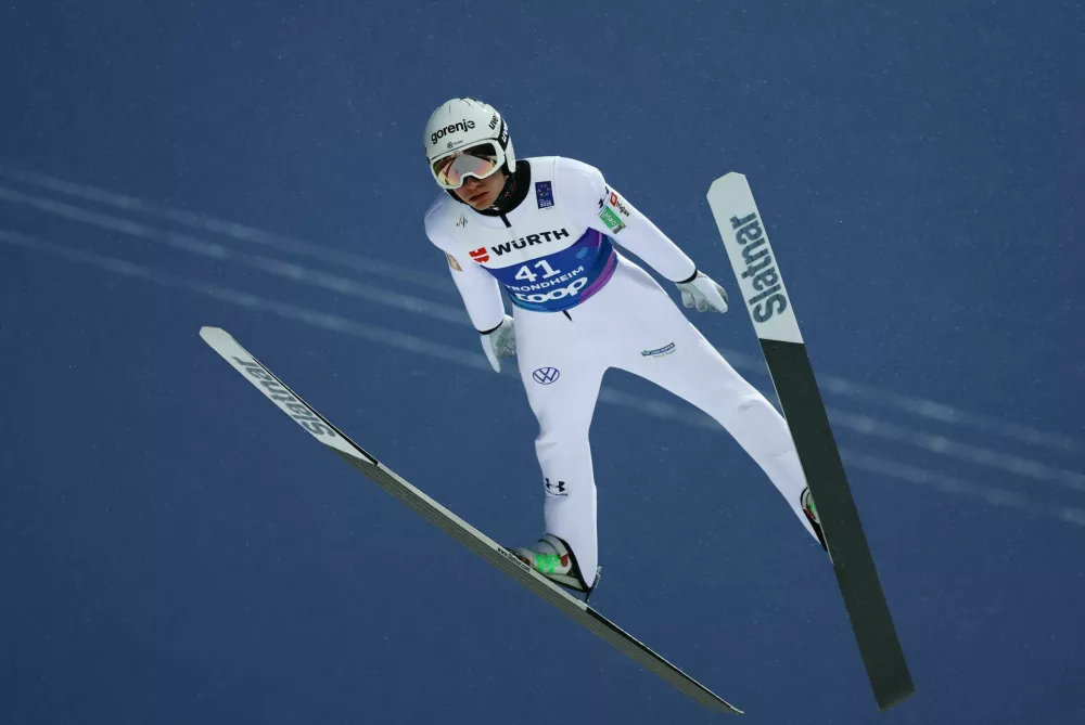 Nordic Skiing - FIS Nordic World Ski Championships - Ski Jumping - Trondheim, Norway - March 2, 2025 Slovenia's Anze Lanisek in action Men's Individual HS102 - First Round REUTERS/Kai Pfaffenbach