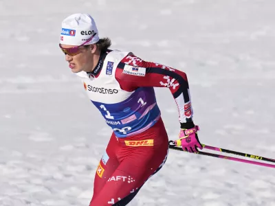 Johannes Hoesflot Klaebo, of Norway, competes in the cross-country men's mass start 50 Km at the Nordic World Ski Championships in Trondheim, Norway, Saturday, March 8, 2025. (AP Photo/Matthias Schrader)