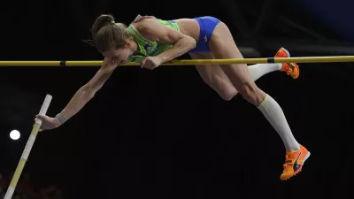 Slovenia's Tina Sutej in action during pole vault final during European Athletics Indoor Championships in Apeldoorn, Netherlands, Saturday, March 8, 2025. (AP Photo/Peter Dejong)