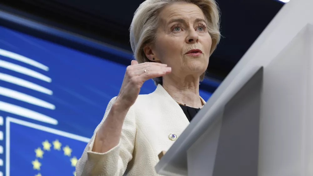 FILE - European Commission President Ursula von der Leyen addresses a media conference at an EU Summit in Brussels, Thursday, March 6, 2025. (AP Photo/Omar Havana, File)