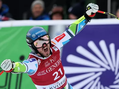 Alpine Skiing - FIS Alpine Ski World Cup - Men's Super G - Kvitfjell, Norway - March 9, 2025 Slovenia's Miha Hrobat reacts after the men's Super G Geir Olsen/NTB via REUTERS  ATTENTION EDITORS - THIS IMAGE WAS PROVIDED BY A THIRD PARTY. NORWAY OUT. NO COMMERCIAL OR EDITORIAL SALES IN NORWAY.