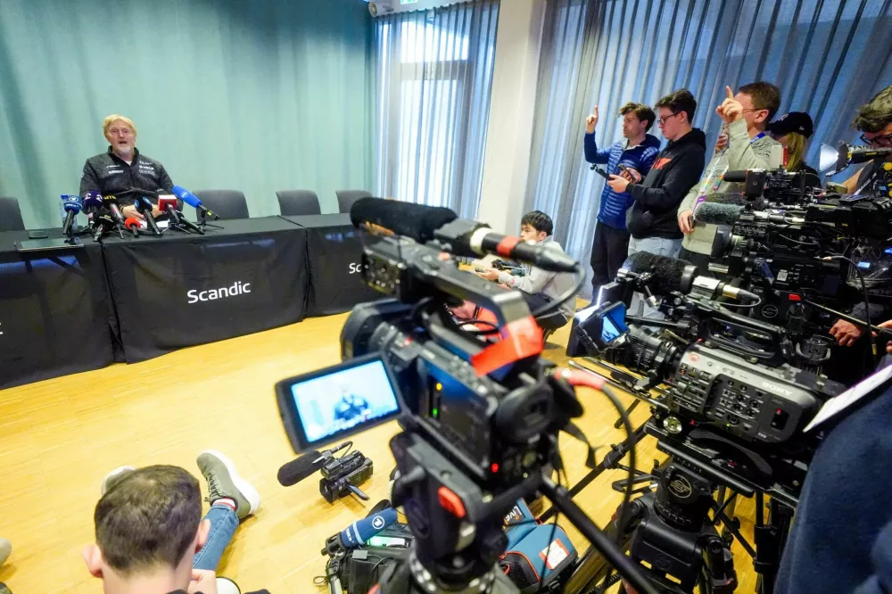 Nordic Skiing - FIS Nordic World Ski Championships - Trondheim, Norway - March 9, 2025 Jumping Director Jan-Erik Aalbu during a press conference after three out of four Norwegian jumpers were disqualified after the large hill race in Trondheim. Terje Pedersen/NTB via REUTERS  ATTENTION EDITORS - THIS IMAGE WAS PROVIDED BY A THIRD PARTY. NORWAY OUT. NO COMMERCIAL OR EDITORIAL SALES IN NORWAY.