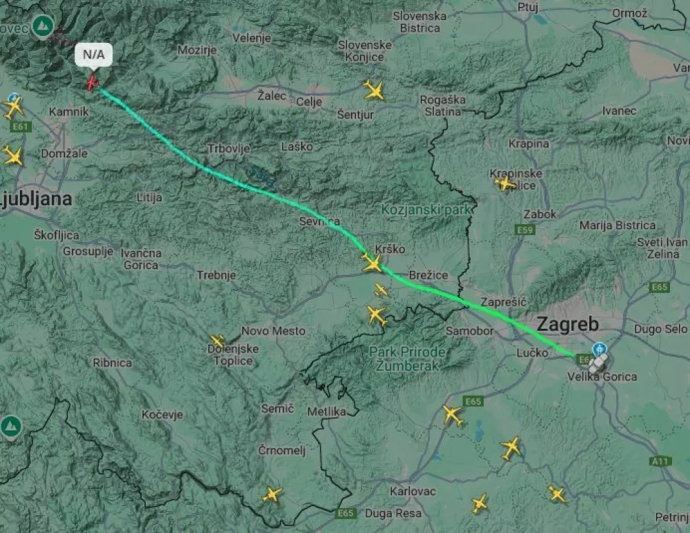 10. marca zjutraj jue nad Veliko planino izginilo manjše letalo, ki je vzletelo v Zagrebu. To je njegova pot na Flightradar24. 