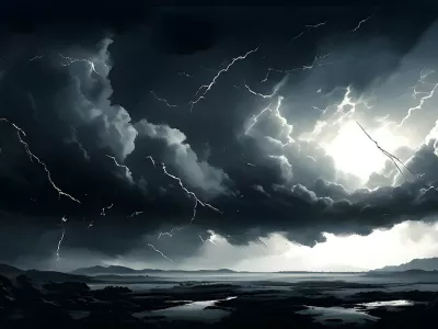 illustration of a severe thunderstorm with end of the world scenario featuring lightning tearing through dark thunderclouds,Image: 877710286, License: Royalty-free, Restrictions:, Model Release: noFoto: Profimedia