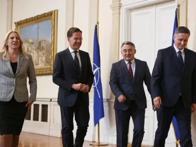 NATO Secretary General Mark Rutte meets members of the Bosnian tripartite presidency Zeljka Cvijanovic, Zeljko Komsic and Denis Becirevic, during a visit to Sarajevo, Bosnia and Herzegovina March 10, 2025. REUTERS/Amel Emric