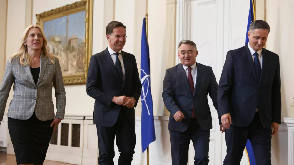 NATO Secretary General Mark Rutte meets members of the Bosnian tripartite presidency Zeljka Cvijanovic, Zeljko Komsic and Denis Becirevic, during a visit to Sarajevo, Bosnia and Herzegovina March 10, 2025. REUTERS/Amel Emric