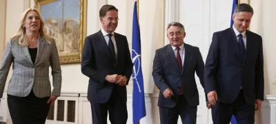 NATO Secretary General Mark Rutte meets members of the Bosnian tripartite presidency Zeljka Cvijanovic, Zeljko Komsic and Denis Becirevic, during a visit to Sarajevo, Bosnia and Herzegovina March 10, 2025. REUTERS/Amel Emric