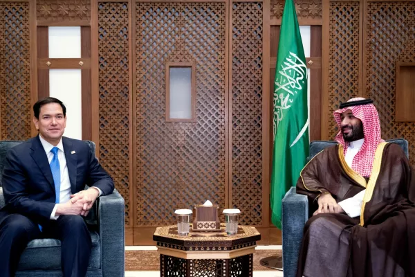 Saudi Crown Prince and Prime Minister Mohammed bin Salman meets with U.S. Secretary of State Marco Rubio on the Royal Palace grounds in Jeddah, Saudi Arabia, on March 10, 2025. Saul Loeb/Pool via REUTERS