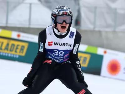 Nordic Skiing - FIS Nordic World Ski Championships - Trondheim, Norway - March 8, 2025 Norway's Marius Lindvik celebrates finishing second in the men's large hill second round REUTERS/Kai Pfaffenbach