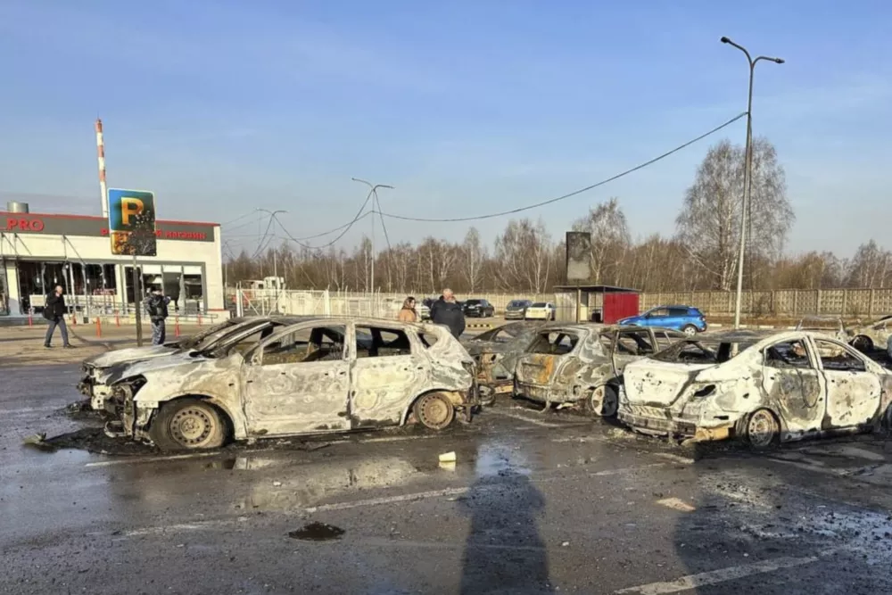 This photo released by Moscow Region Governor Andrei Vorobyev official telegram channel shows damaged and burnt cars following a Ukrainian drone attack in Domodedovo, outside Moscow, Russia, on Tuesday, March 11, 2025. (Moscow Region Governor Andrei Vorobyev official telegram channel via AP)