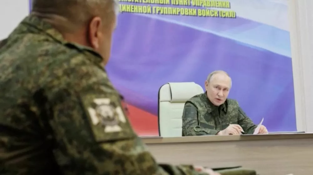 Russia's President Vladimir Putin addresses commanders as he visits a control centre of the Russian armed forces in the course of Russia-Ukraine conflict in the Kursk region, Russia, March 12, 2025, in this still image taken from video. Russian Pool/Reuters TV via REUTERS ATTENTION EDITORS - THIS IMAGE WAS PROVIDED BY A THIRD PARTY.