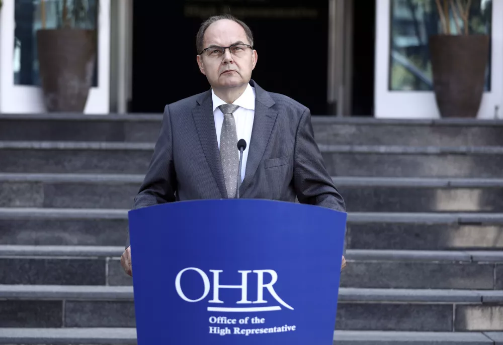 ﻿FILE - In this Monday, Aug. 2, 2021 file photo, Christian Schmidt, new head of Bosnia's Office of the High Representative, or OHR, speaks during a ceremony in the capital Sarajevo. The chief international representative in Bosnia has on Tuesday, Nov. 2 warned that the war-scarred Balkan state could face the biggest â€śexistential threat of the post war periodâ€ť if Bosnian Serb separatist moves are not curbed by international community. In a report which he is scheduled to deliver to the UN Security Council this week, High Representative for Bosnia Christian Schmidt said that if Bosnian Serb leader Milorad Dodik carries out his separatist threats, including the withdrawal of Serb troops from the joint Bosnian army and the creation a separate Serb force, â€śthe prospects of further division and conflict are very real.â€ť(AP Photo, file)