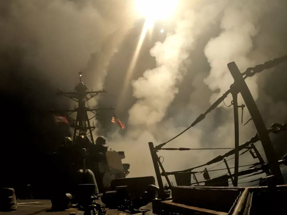 A ship fires missiles at an undisclosed location, after U.S. President Donald Trump launched military strikes against Yemen's Iran-aligned Houthis on Saturday over the group's attacks against Red Sea shipping, in this screengrab obtained from a handout video released on March 15, 2025. U.S. Central Command/Handout via REUTERS THIS IMAGE HAS BEEN SUPPLIED BY A THIRD PARTY