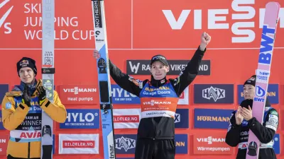 Andreas Wellinger from Germany, left, Domen Prevc from Slovenia, center, and Ryoyu Kobayashi from Japan, on the podium following a ski jumping Raw Air competition in Vikersund, Norway, Sunday, March 16, 2025. (Terje Bendiksby/NTB Scanpix via AP)