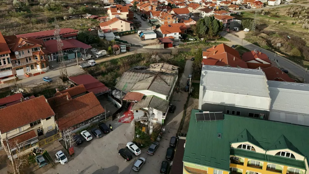 A drone view shows a night club destroyed in a fire resulting in casualties, in the town of Kocani, North Macedonia, March 16, 2025. REUTERS/Fatos Bytyci