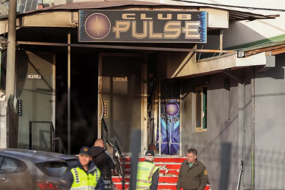 The entrance of a night club destroyed in a fire resulting in casualties, in the town of Kocani, North Macedonia, March 16, 2025. REUTERS/Alexandros Avramidis