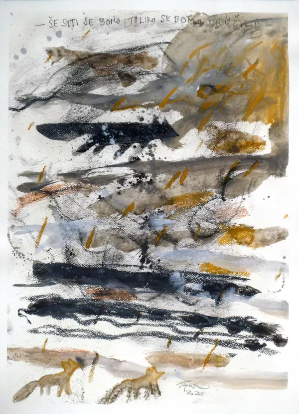 Črtomir Frelih: Še siti se bomo tok se bomo družili, 2020, risba, 75 × 57 cm F osebni arhiv avtorja