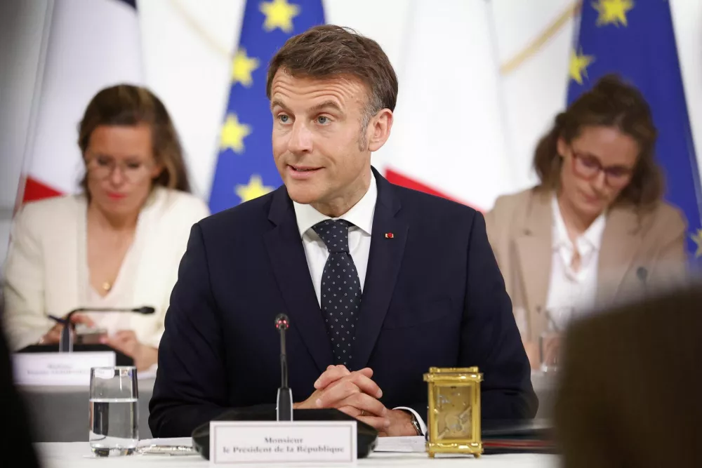 French President Emmanuel Macron speaks during a meeting with representatives of the sectors affected by US tariffs at the Elysee Palace in Paris, France, April 3, 2025, after US President Trump announced on April 2, a taxation of 20 percent tariffs to Europe. MOHAMMED BADRA/Pool via REUTERS