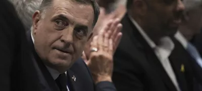 Bosnian Serb President Milorad Dodik, left, attends the International Conference on Combating Antisemitism, in Jerusalem, Thursday, March 27, 2025. (AP Photo/Leo Correa)