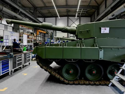 FILE PHOTO: A view of a production line as German Chancellor Olaf Scholz and Defence Minister Boris Pistorius visit the future site of an arms factory where weapons maker Rheinmetall plans to produce artilleries from 2025, in Unterluess, Germany February 12, 2024. REUTERS/Fabian Bimmer/Pool/File Photo
