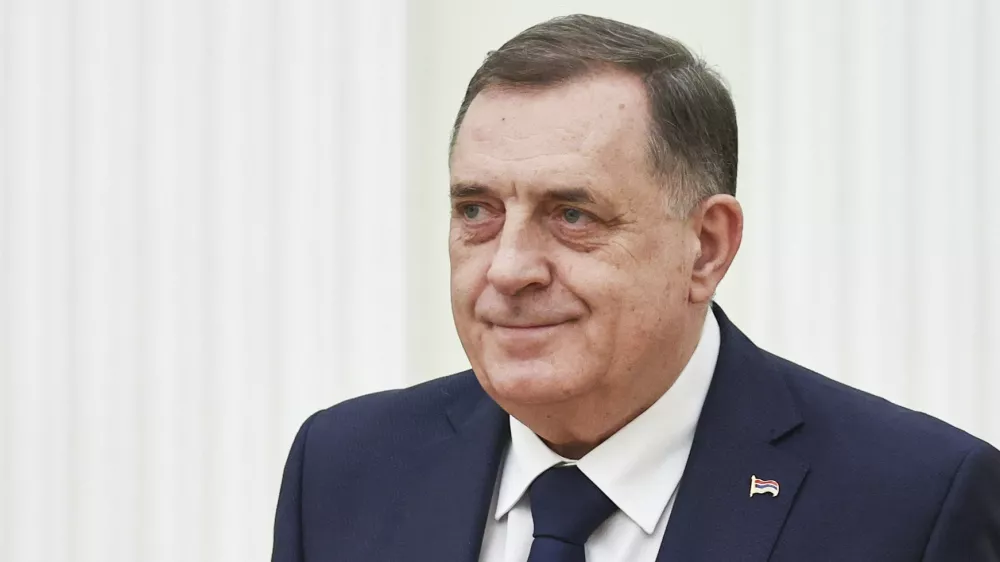 Bosnian Serb President Milorad Dodik attends a meeting with Russian President Vladimir Putin meeting at the Kremlin in Moscow, Russia, Tuesday, April 1, 2025. (Mikhail Tereshchenko, Sputnik, Kremlin Pool Photo via AP)