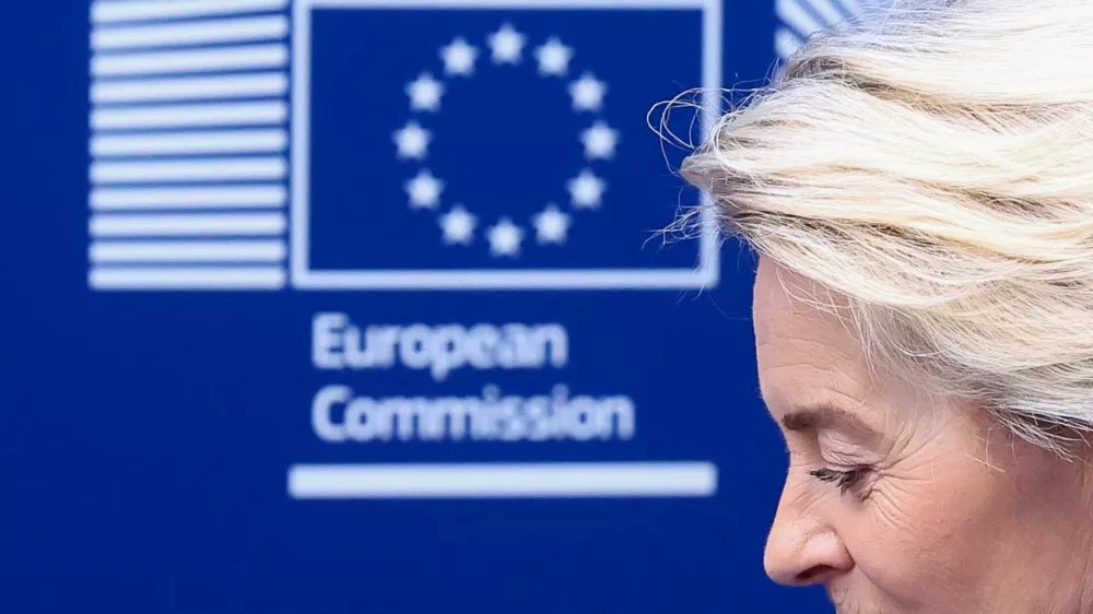 European Commission President Ursula von der Leyen looks on as she meets with Iceland's Prime Minister Kristrun Frostadottir (not pictured), in Brussels, Belgium April 9, 2025. REUTERS/Yves Herman