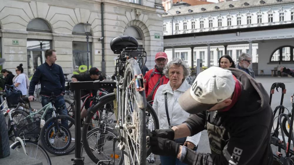 Klemen Mavec se je lotil mazanja verige na kolesu, ki ga je za sina na servis pripeljala Ljubljančanka. Foto: Nik Erik Neubauer